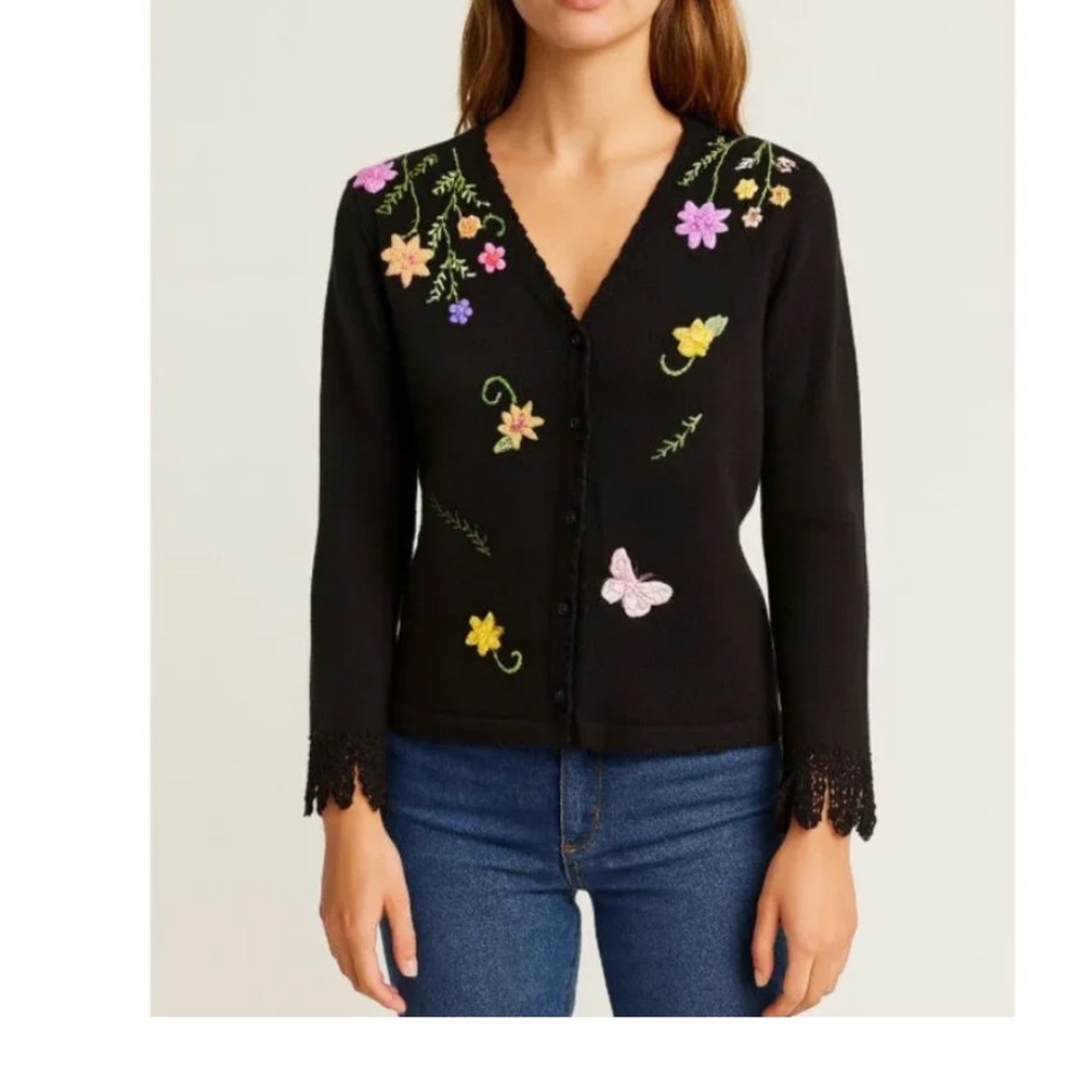 Storybook Knits Black Floral Embroidered Cardigan and Tank